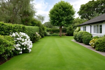 Lush green manicured garden lawn with house