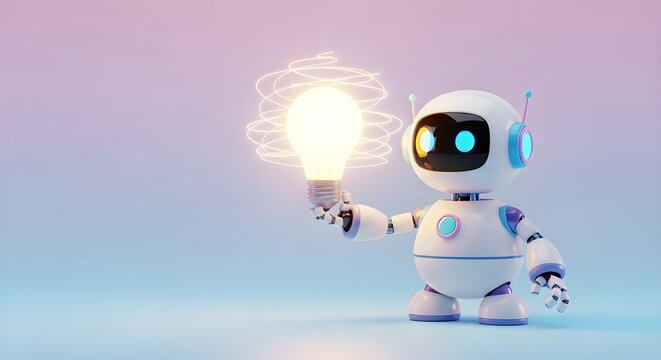 A friendly small 3D robot assistant holding a glowing lightbulb symbolizing AI ideas and innovation. Smooth white rounded design, pastel gradient background, playful lighting and soft shadows. Center 