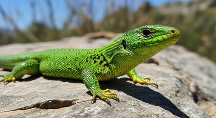 Fototapeta premium Vibrant Green Lizard basking on a rock in the sun.