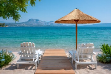 Obraz premium Relaxing beach vacation with chairs and straw umbrella