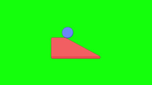 Flat blue ball rolling down an orange ramp in a continuous loop, simple 2D physics animation on bright green chroma key background, no text.