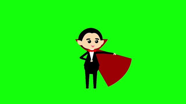 Cute chibi vampire magician on green screen sweeps his red cape, vanishes in a puff of smoke and transforms into a flying purple bat, then pops back to human and repeats, seamless 2D cartoon loop.

