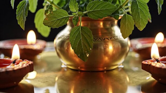 Quiet contemplation of a potted plant in a golden pot on a reflective table, lit by diyas, captured in a serene indoor setting