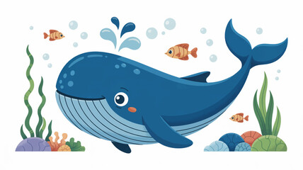 Fototapeta premium A cartoon blue whale swims underwater surrounded by colorful fish and coral reef plants in ocean environment