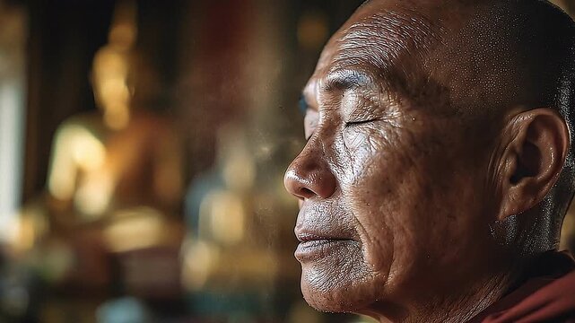 Serene Contemplation: An elderly monk, eyes gently closed, embodies tranquility and deep reflection within a sacred space, symbolizing inner peace and spiritual devotion.