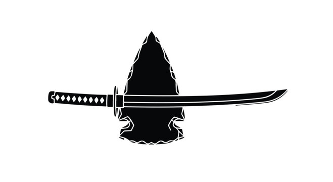 A graphic illustration of a black arrowhead with a katana sword horizontally across it, on a white background