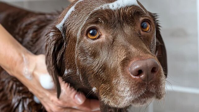A cute chocolate Labrador retriever gets a soapy bath with foam on its head and wet fur.