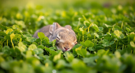 Obraz premium A tiny, adorable baby rabbit sleeping peacefully in a lush field of green clover.