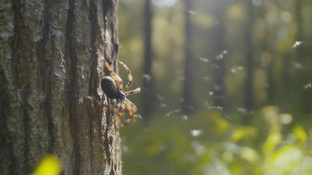 Large Orb Weaver Spider Crawling on Tree Trunk in Forest