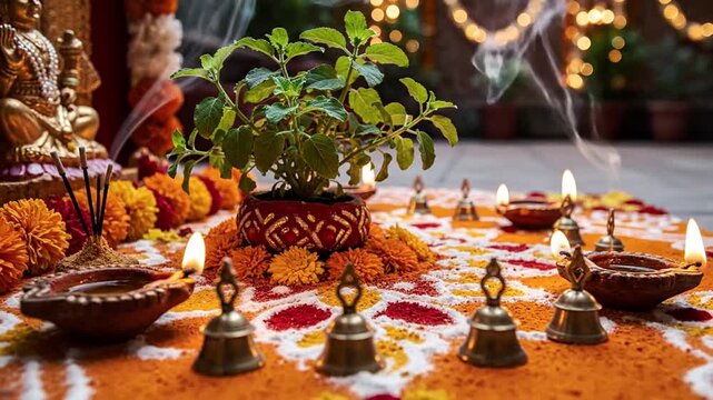 Celebratory Diwali Floor Arrangement with Lit Diyas, Marigold Petals, Potted Tulsi Plant in Warm Courtyard View