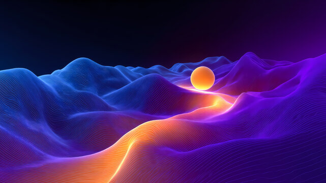 gradient descent visualization, visualize the iterative process of gradient descent finding a minimum by representing a complex, undulating d surface and a glowing sphere descending it use a