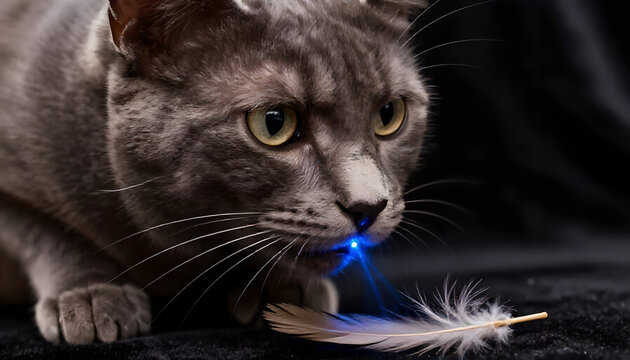 A grey cat intently focuses on a feather with a blue laser pointer