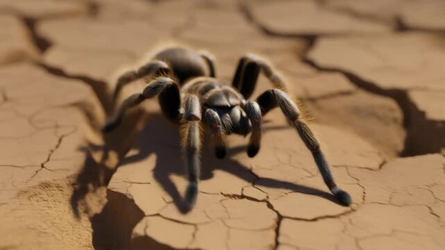 Tarantula Spider Crawling on Dry Cracked Desert Ground
