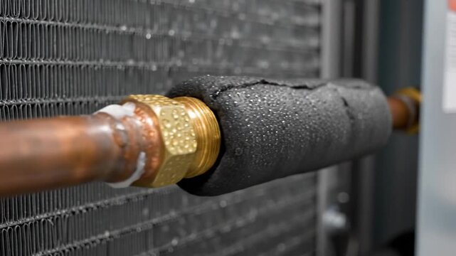 Macro close-up of industrial copper refrigerant pipe with brass fitting connector and black thermal insulation foam on a central HVAC air conditioning cooling system unit.