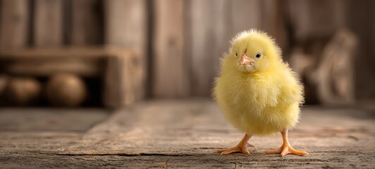 The Chick Standing on a Rustic Wooden Floor Bathed in Warm Light