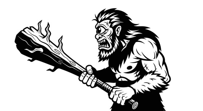 Angry Cyclops Monster with Club - Prehistoric Caveman Warrior Illustration