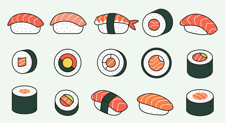 Assortment of Delicious Sushi and Rolls, Japanese Cuisine, Flat Design © Fatria