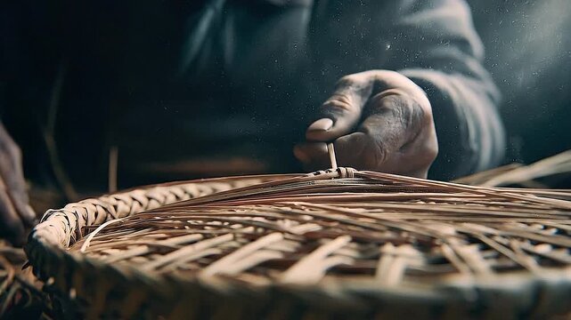 Crafting Legacy: A skilled artisan meticulously weaves together natural fibers, the delicate dance of hand and material crafting a testament to time-honored tradition.