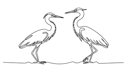 Fototapeta premium One continuous line illustration of an Herons bird , isolated on white background.