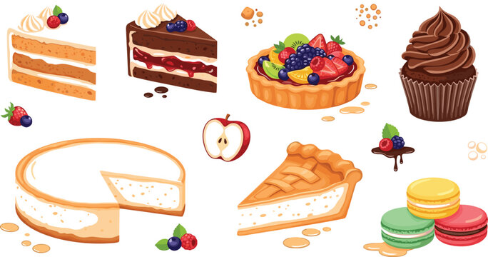 Delicious dessert vector set featuring cake slices fruit tart cupcake cheesecake macarons and sweet bakery treats illustration