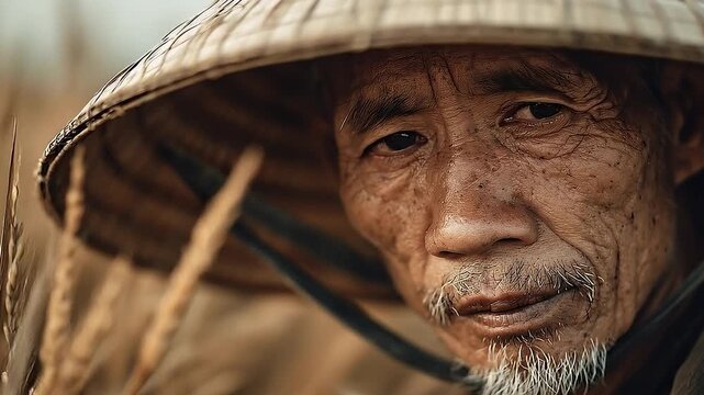 Portrait of a weathered Farmer: An aging farmer, his face etched with the stories of the fields, gazes intently into the distance. Clad in a traditional hat, he stands amidst the golden harvest.