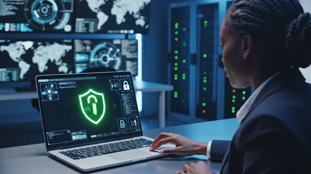 Expert cybersecurity specialist secures digital infrastructure using laptop with shield lock icons monitoring data protection cloud network access and encrypted information technology