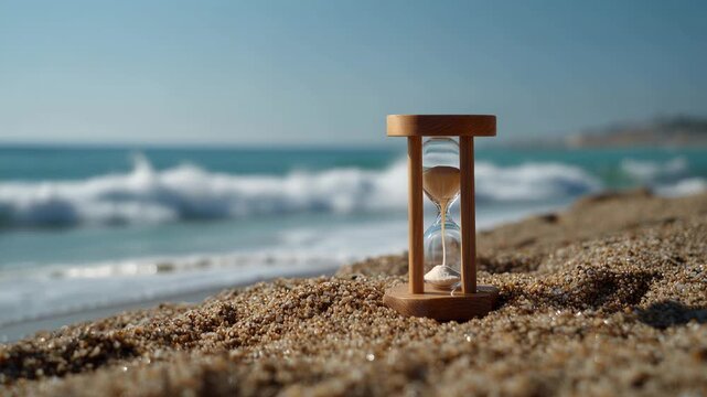 Hourglass on sandy beach with ocean waves and blue sky