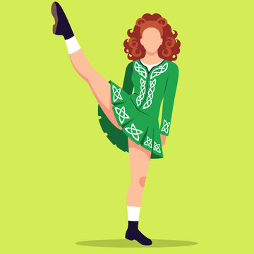 A vibrant illustration of an Irish step dancer in traditional attire, capturing the energy of Irish rhythm. Bold green color palette and dynamic pose create a striking visual.