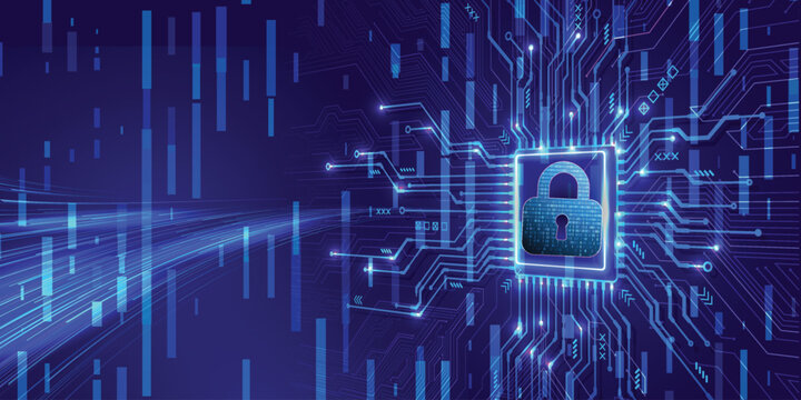Cybersecurity concept with glowing padlock icon on blue digital circuit board background, data protection technology and secure network illustration