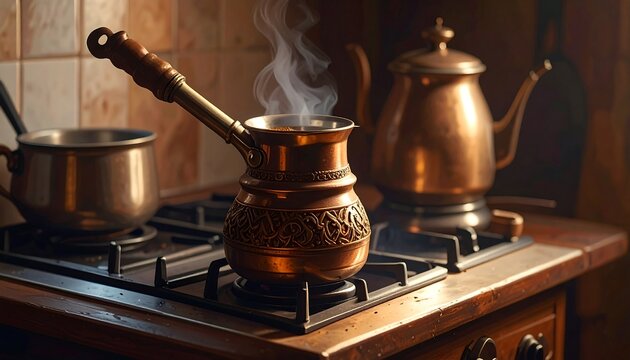 A copper pot on a gas stove with steam rising, surrounded by other kitchen utensils and appliances