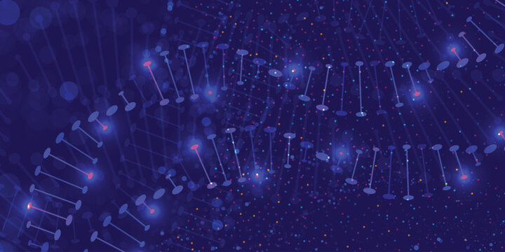 Glowing DNA double helix on dark blue background with particles, genetic science, biotechnology, molecular structure and medical research concept