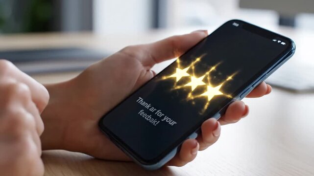 Person holding mobile device providing excellent five star rating for quality customer service experience online feedback application ranking and business reputation appraisal on digital screen