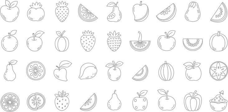 Set of sixty subtle vector fruit and berry silhouette icons with light grey fill