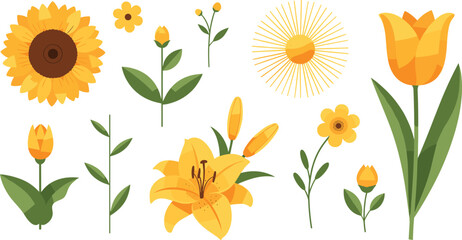 Yellow spring flowers botanical vector set with sunflower tulip lily and small floral elements isolated for bright nature themed design © MstLinaAkter