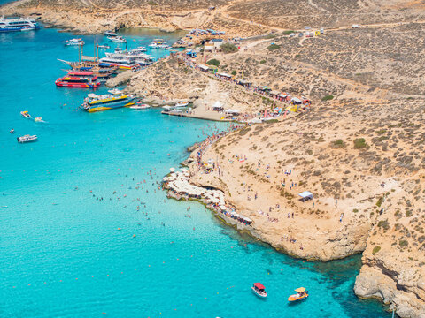 Aerial view of the gorgeous Blue Lagoon, Comino, Malta