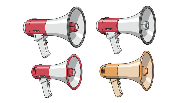 Four megaphones of different colors including red and white, light gray, and orange are shown from various angles for communication.