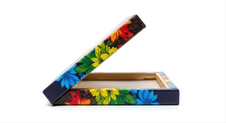Vivid floral design on mini canvas box, isolated against a white background, showcasing colorful artistic expression