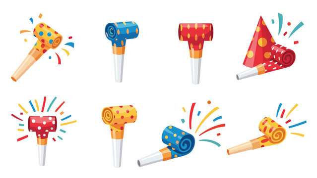 Festive collection of colorful party blowers and a red party hat with polka dots perfect for birthdays and holiday celebrations.