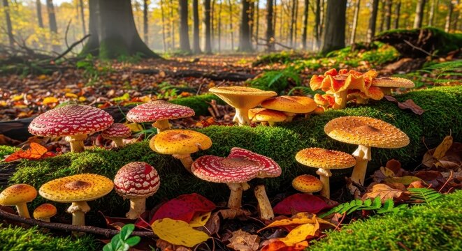 Vibrant mushrooms thriving in a lush forest environment.