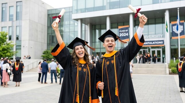Joyful Graduates in Black Robes Tossing Scrolls Outside University Building