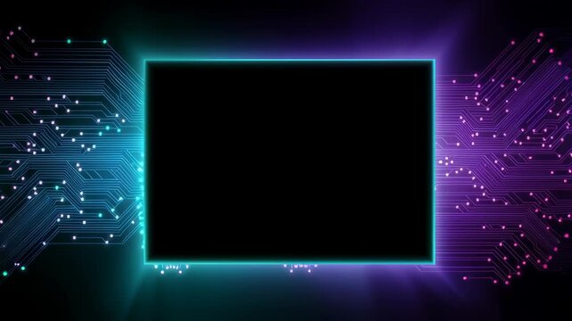Digital icon neon communication information integration circuit board background computer processing abstract tech technology artificial intelligence modern video purple frame glowing digital icon