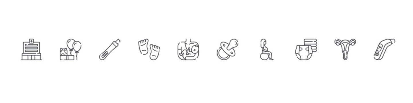 set of 10 thin line maternity icons such as hospital, baby shower, pregnancy test, feet, breastfeeding, pacifier, sport, diaper, fallopian tubes, thermometer. editable stroke vector illustration