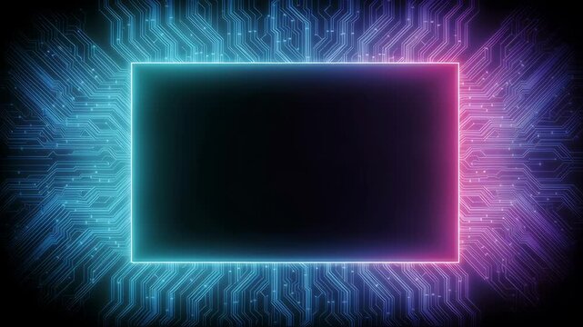Digital icon neon communication information integration circuit board background computer processing abstract tech technology artificial intelligence modern video purple frame glowing digital icon