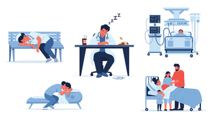 Naklejka premium Set of illustrations showing exhausted hospital staff resting and patients receiving medical care in clinical beds.