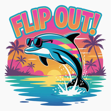 Flip out retro dolphin illustration with sunset palm trees and ocean splash for summer beach party t shirt print sticker poster surf theme vacation apparel and tropical fun beachwear graphic
