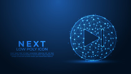 Futuristic low poly next button icon made of glowing blue digital connections and polygonal mesh on dark background for technology, media player, and UI design concepts. © AlAhsan