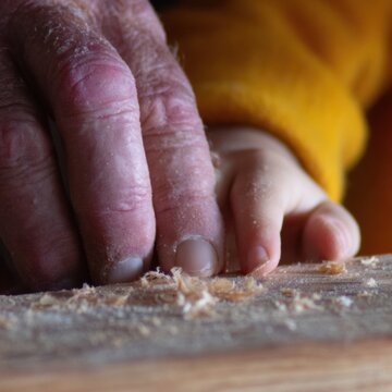 Hands of a master carpenter guiding a child in woodworking workshop setting, transferring generational knowledge and craftsmanship skills during wood carvery training