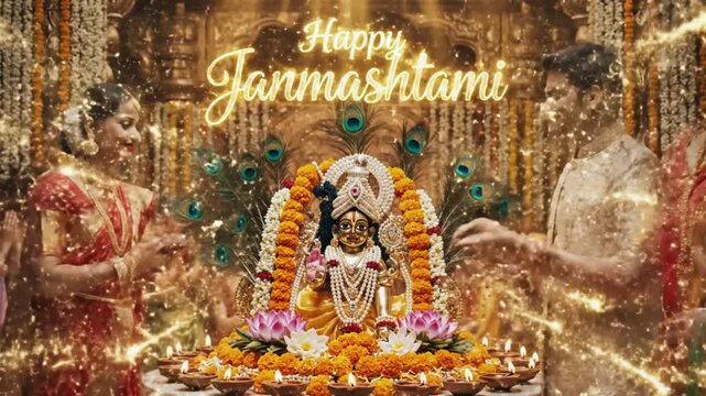 A vibrant celebration of Happy Janmashtami with decorations and a statue