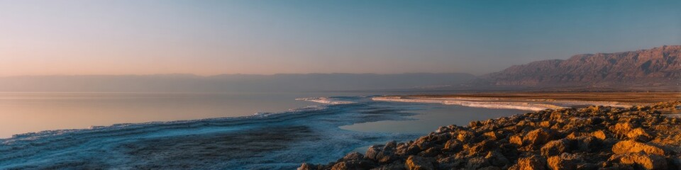 Fototapeta premium Salt lake rugged shoreline with rocky beach at sunset, scenic desert mountains landscape for travel marketing and tourism brochures with copy space