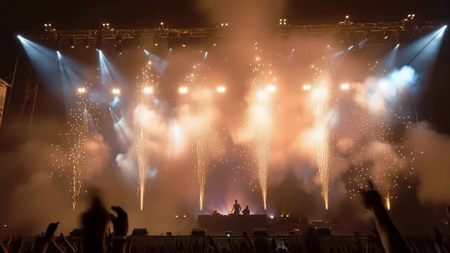 Spectacular concert stage with pyrotechnics, smoke, and bright lights, live music event